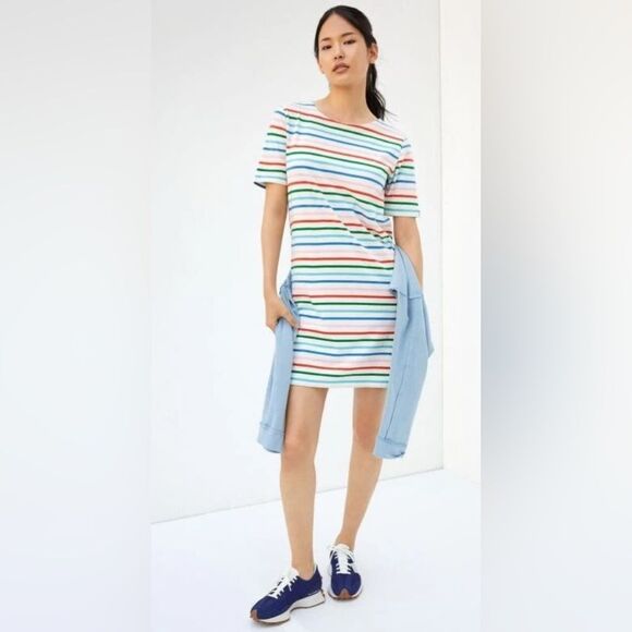 KULE The Tee Dress Rainbow Stripe Jersey Crew Neck Short Sleeve Multicolor sz M - Picture 1 of 8